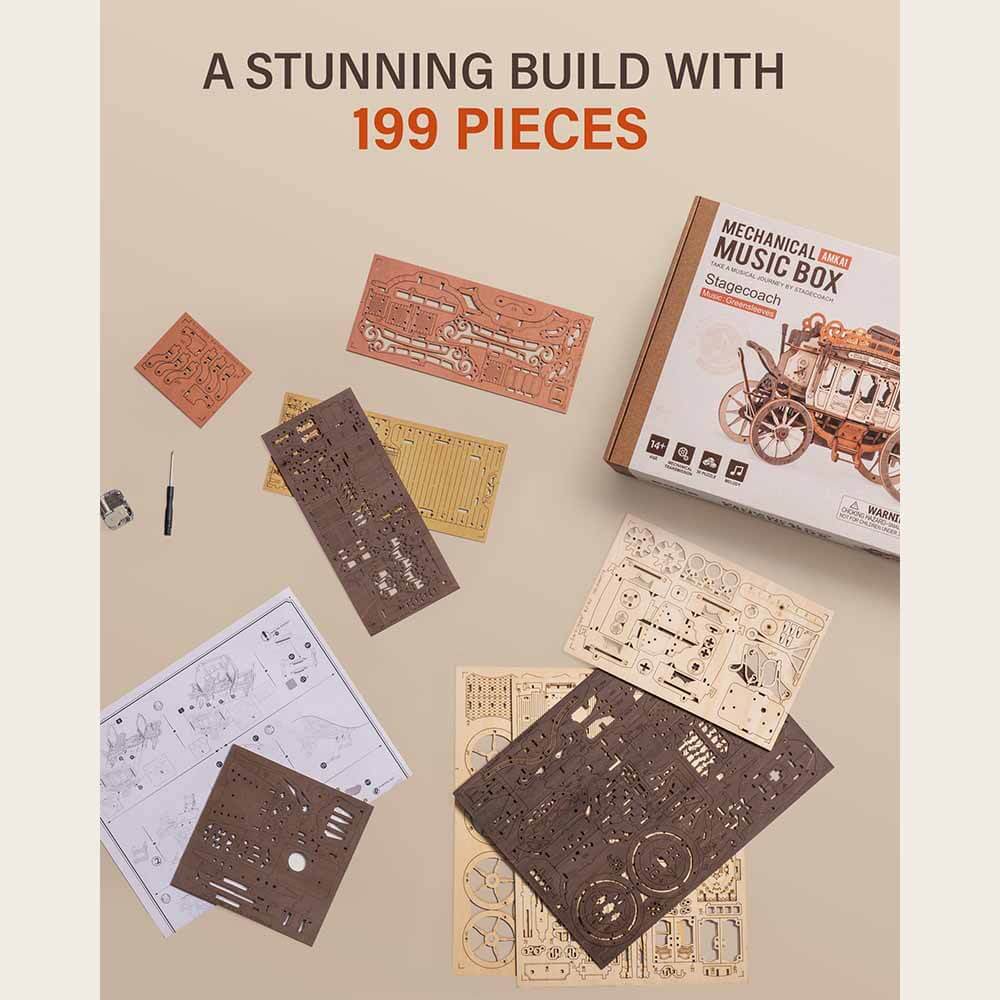 Stagecoach Mechanical Music Box — Beige/Brown Laser-Cut Wood, Wind-Up, Squirrel Figure