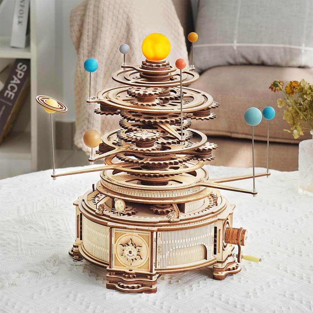 Rotatable Mechanical Orrery — Wooden Solar System Model (Light Beige, Painted Planets)