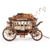 Stagecoach Mechanical Music Box — Beige/Brown Laser-Cut Wood, Wind-Up, Squirrel Figure
