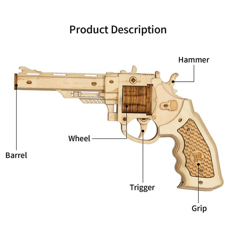 Wooden 3D Puzzle Revolver Kit (Plywood) — Small Toy Revolver, Adults 14+
