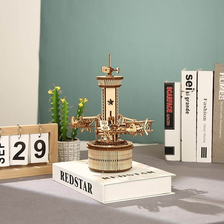Air-Control Tower Music Box — Birch Plywood Wind‑Up Model with Moving Airplanes