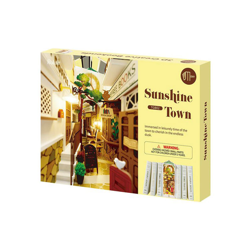 Sunshine Town Miniature Diorama — Lighted Paperboard & Wood Bookshelf Scene
