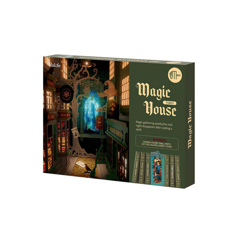 Magic House Light-Up Miniature Book Diorama — Teal & Brown Wood (DIY, 340 pcs)