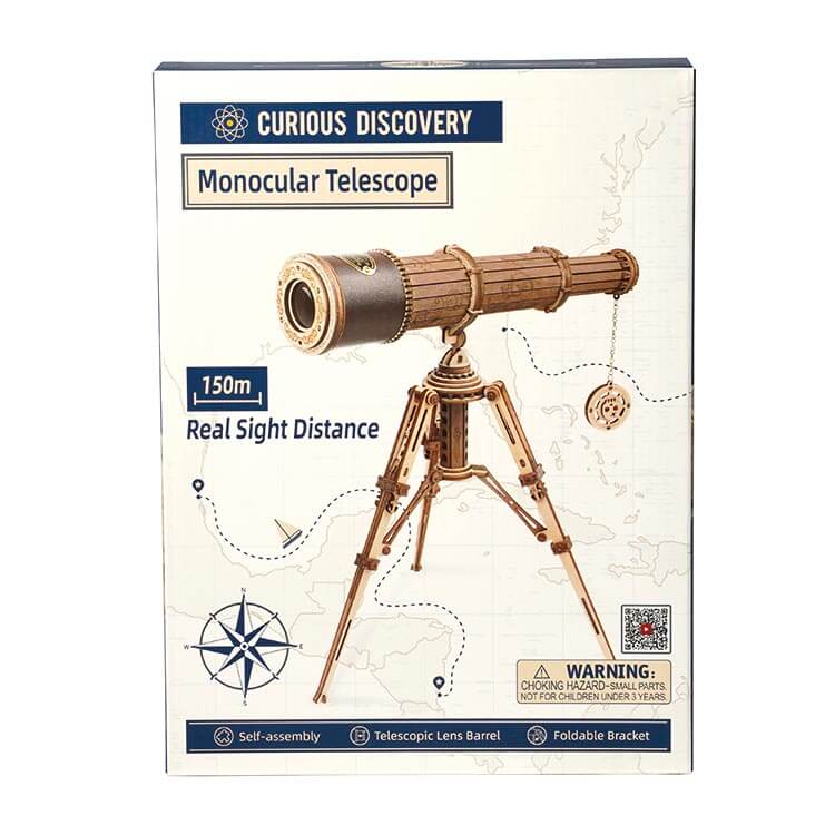 Wooden Telescope DIY Model — 294‑Piece Plywood Tabletop Telescope, Natural Brown