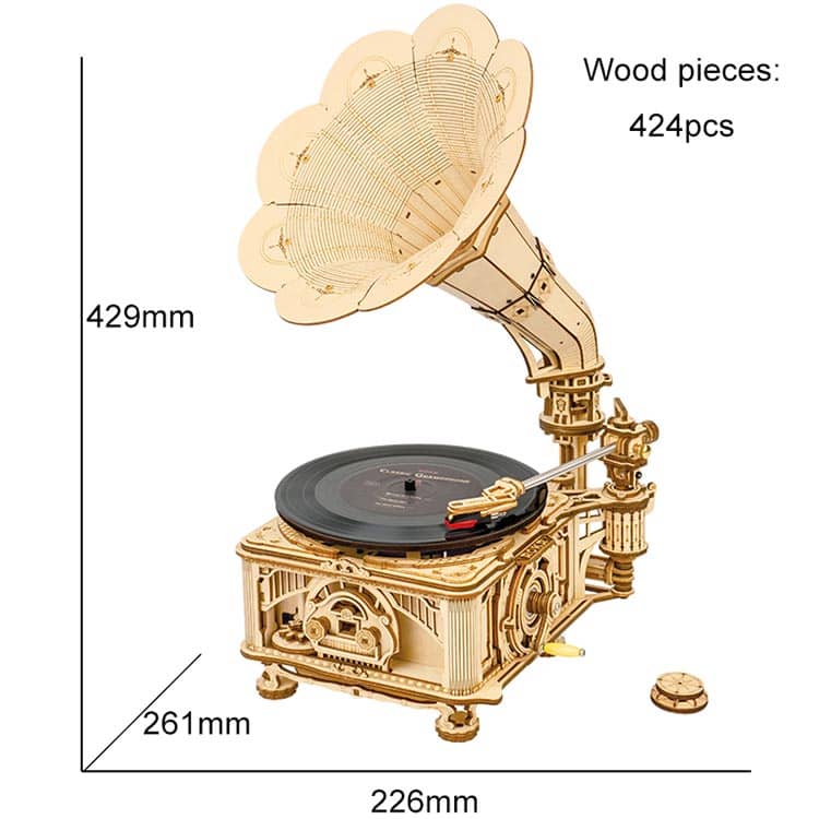 Classic Gramophone Model Kit — Light Wood Plywood Wind‑Up Record Player (7" & 10")