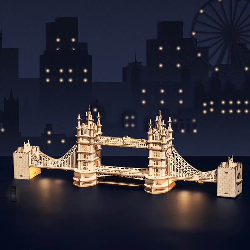 Tower Bridge 3D Model Kit — Natural Plywood & LED, Easy Assembly