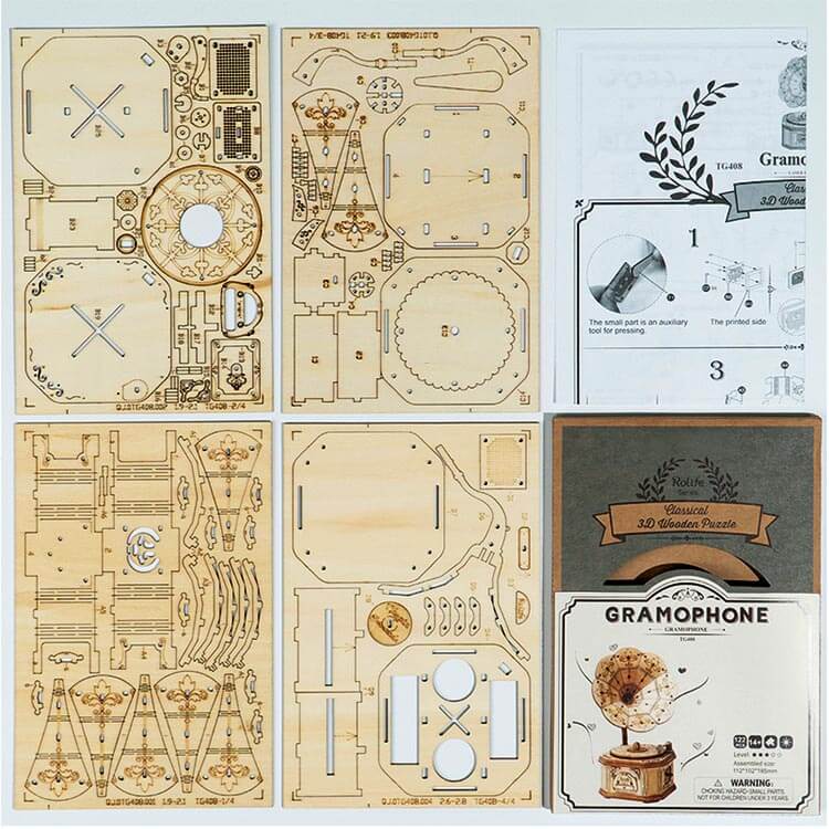 Plywood Gramophone Model Kit — Light Tan & Dark Brown, 122-Piece DIY Display