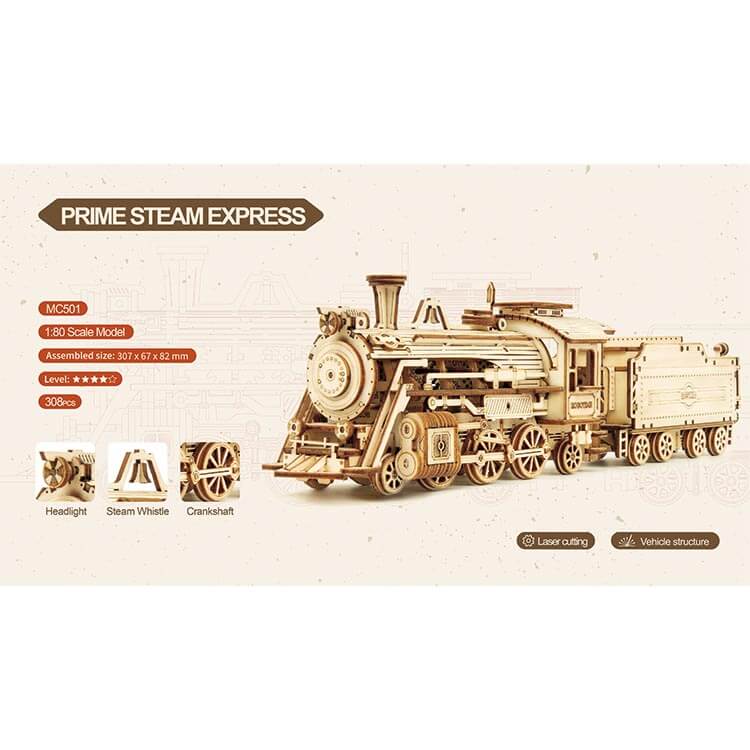 1:80 Wooden Steam Locomotive & Tender Kit — Natural Plywood, 308 Pieces
