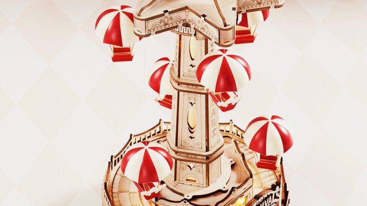 Parachute Tower Carousel Model Kit — Plywood, Red & White