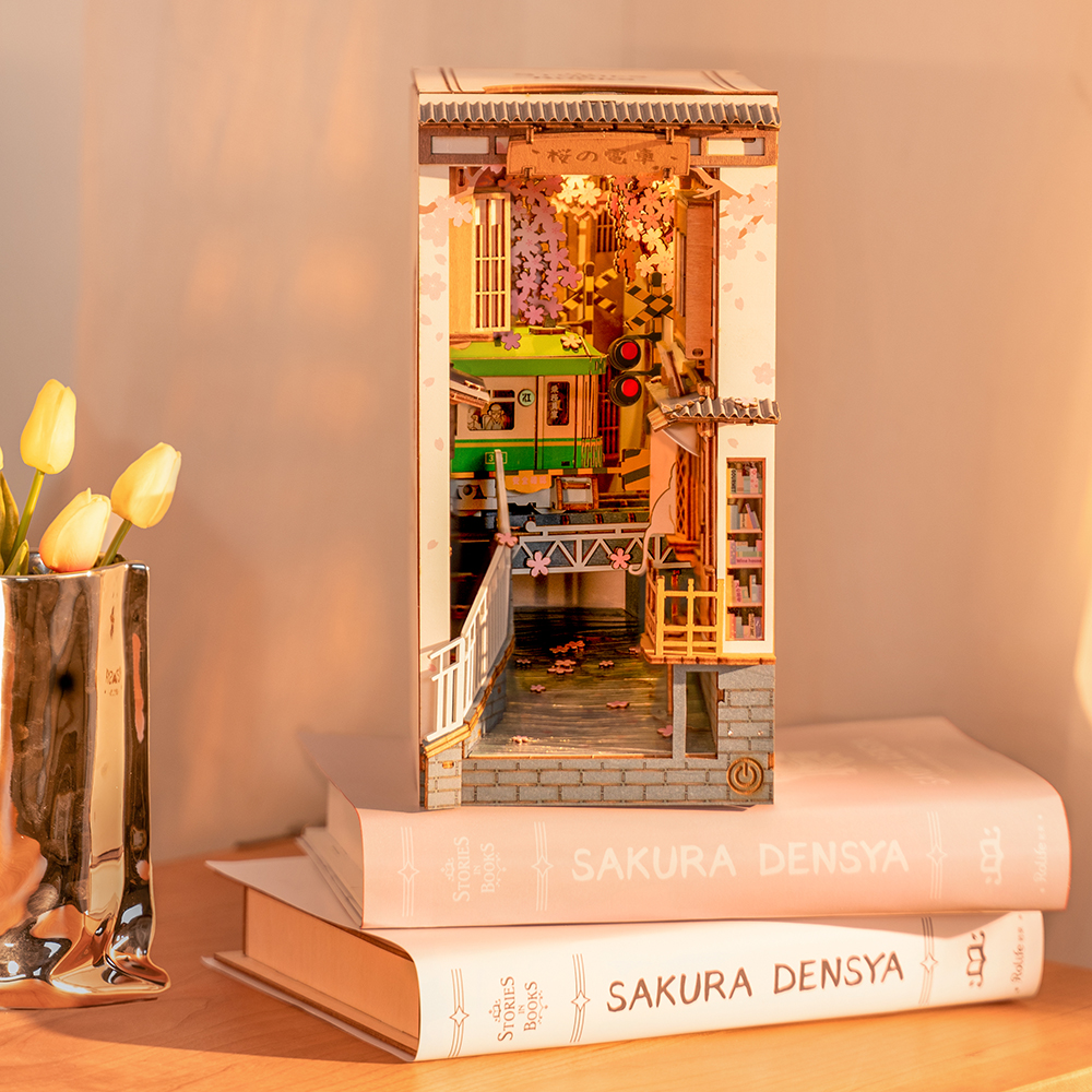 Sakura Densya — Japanese Miniature Bookshelf Diorama (Wood & Paper