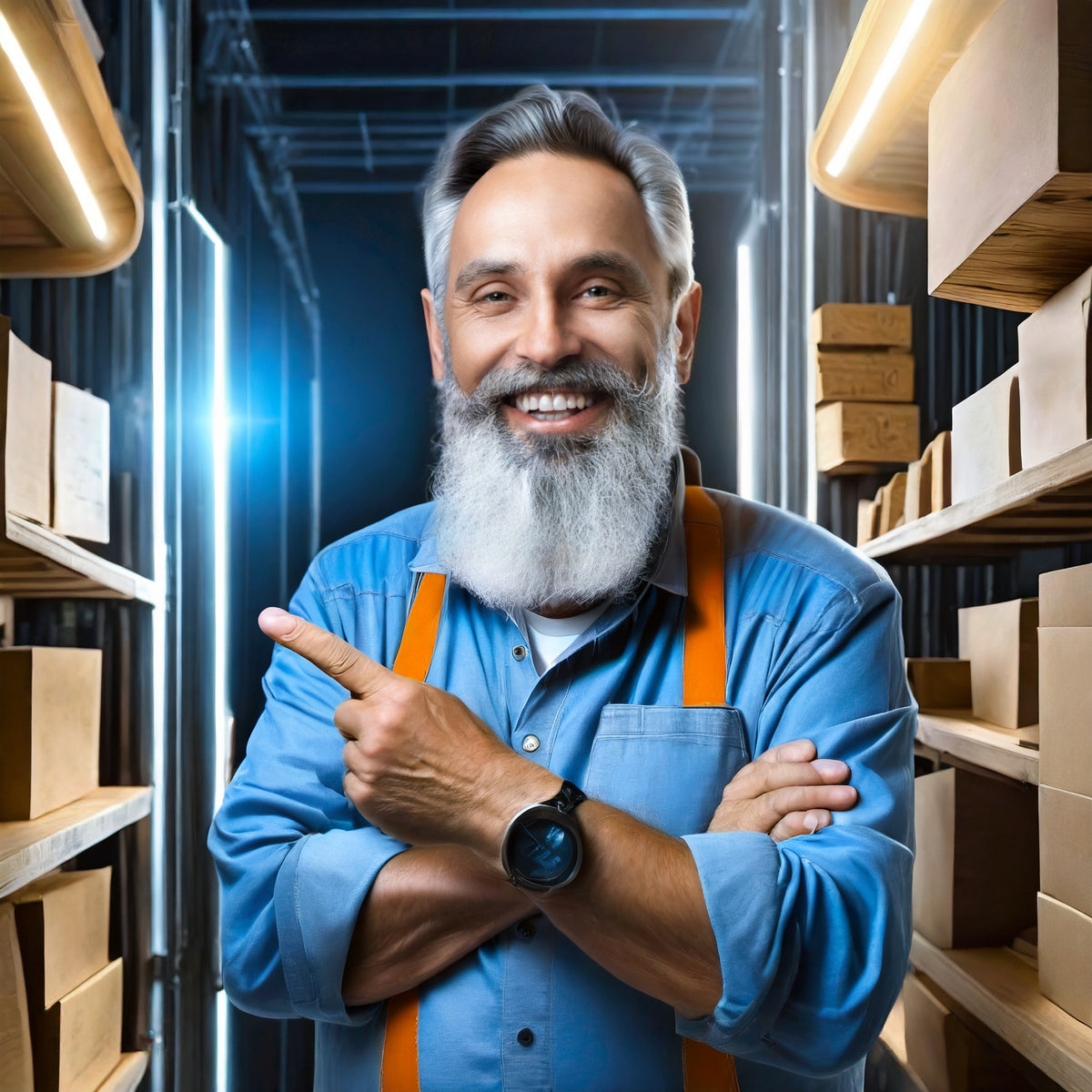complete collection wooden DIY 3D puzzles -  grandpa with white beard standing in front of a shelf with products boxes, pointing to the s