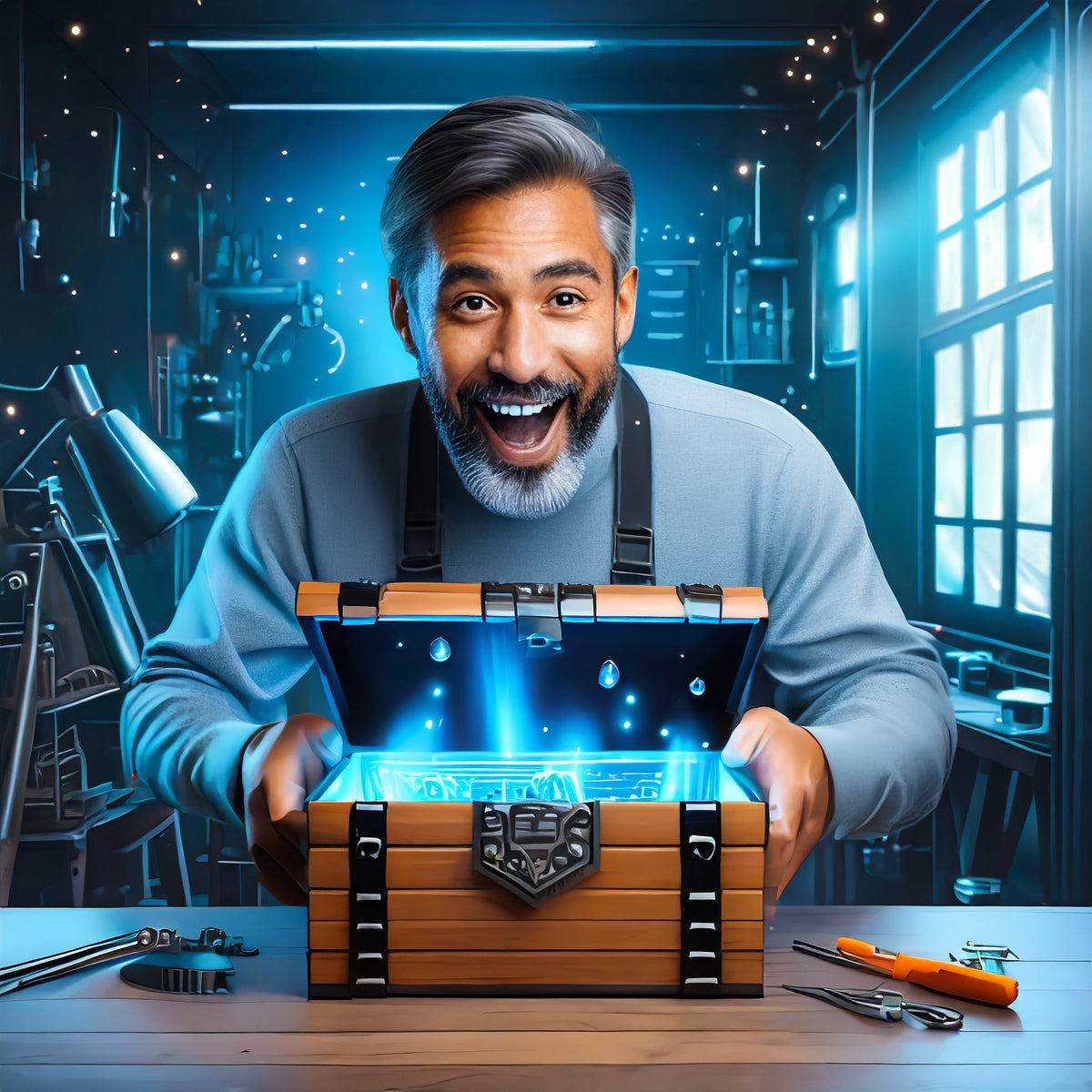 wooden DIY 3D puzzles - man is excited to open a wooden pirate treasure box, golden light, wooden table with tools i