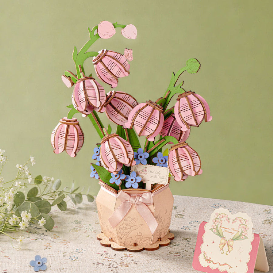 Wooden-Town Pink Lily of the Valley 3D wooden flower puzzle kit – image 5 of 6