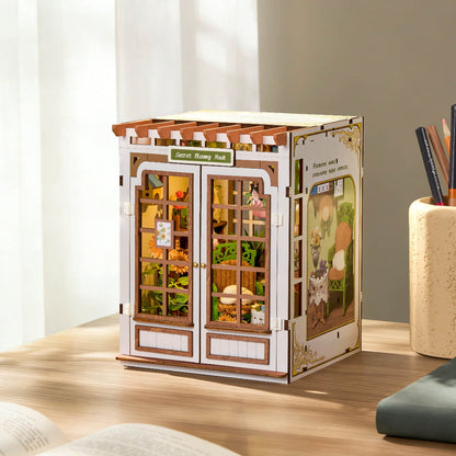 Wooden toy kitchen set on a wooden floor with a neutral background