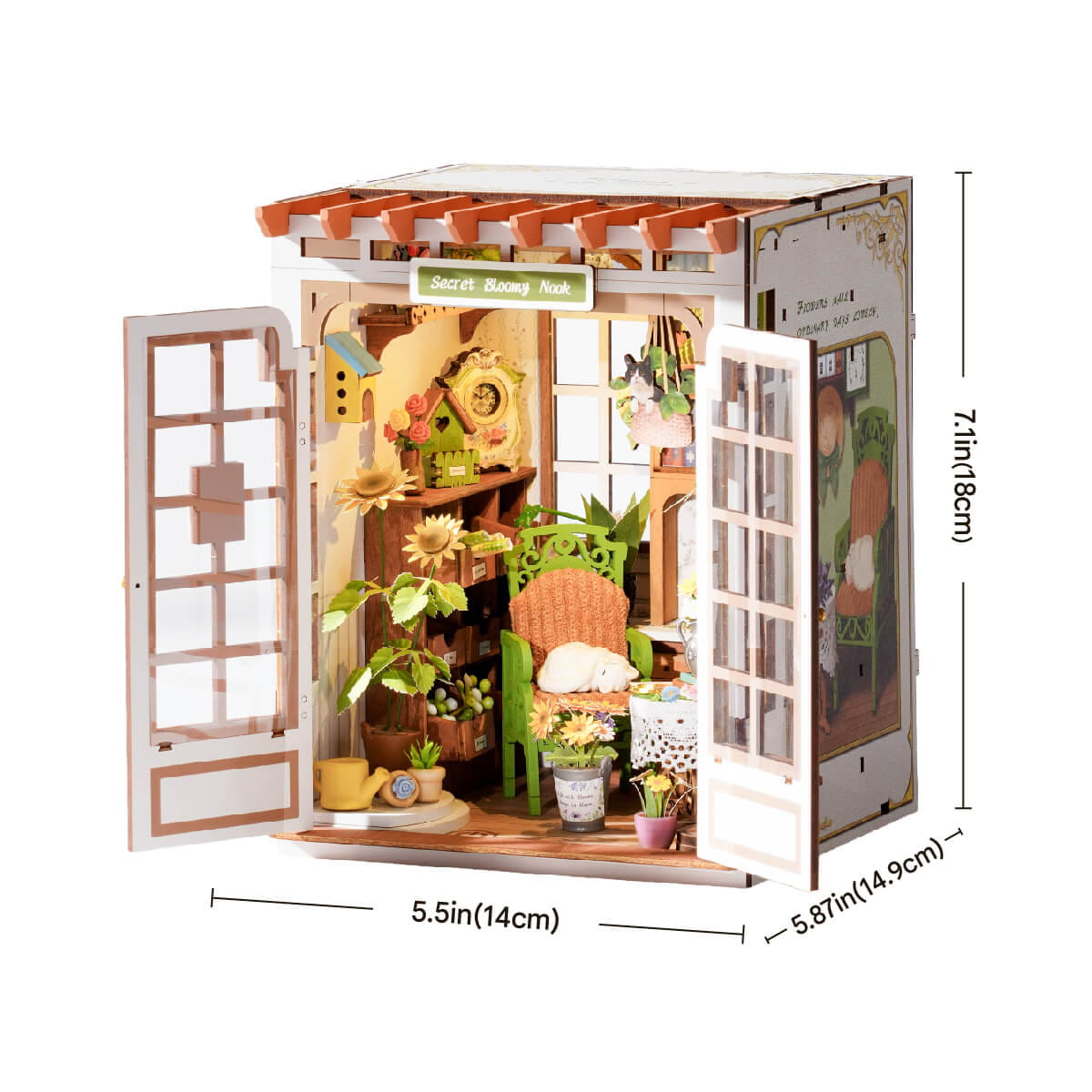 Miniature dollhouse with open doors and dimensions displayed