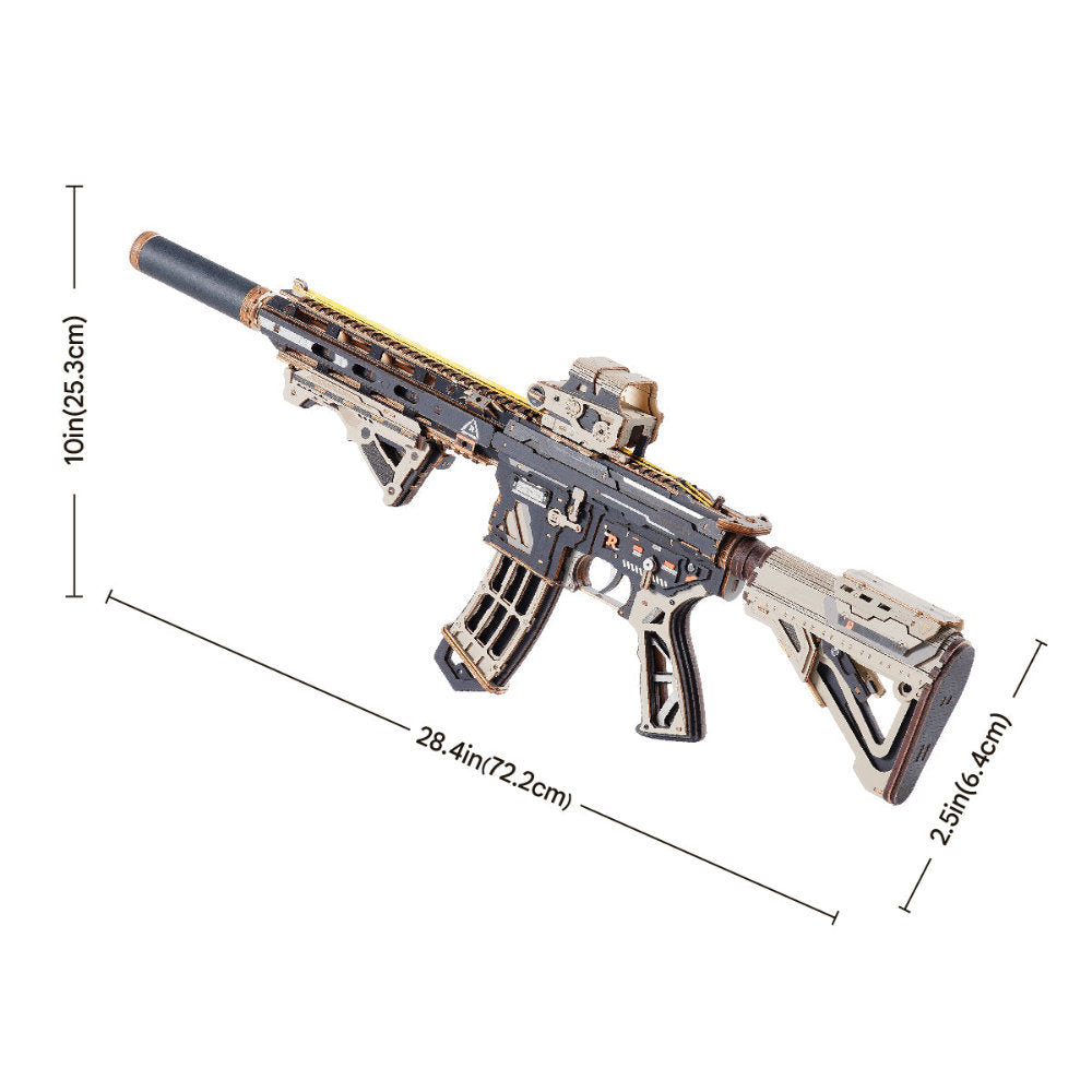 Model of a rifle with dimensions indicated on a white background