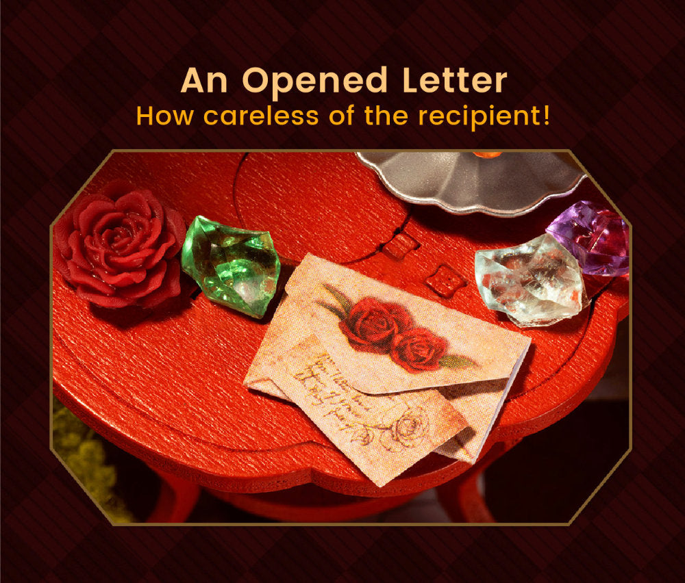 An opened vintage-style letter with rose illustrations rests on a red wooden surface, surrounded by a red rose, green faceted gem, clear gem, and purple gem, under the text 'An Opened Letter How careless of the recipient!'.