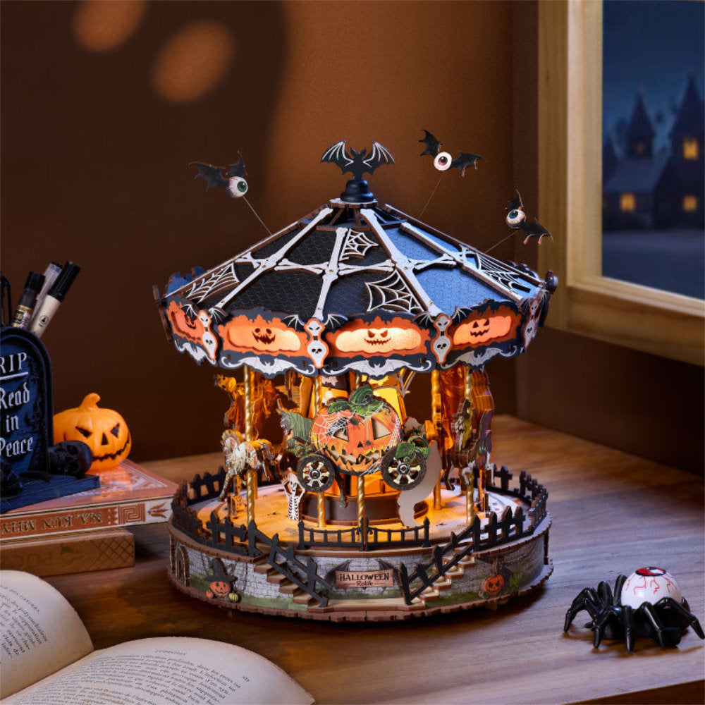 Wooden-Town Phantom Waltz Halloween Carousel DIY Music Box with LED Light – 402 Pieces