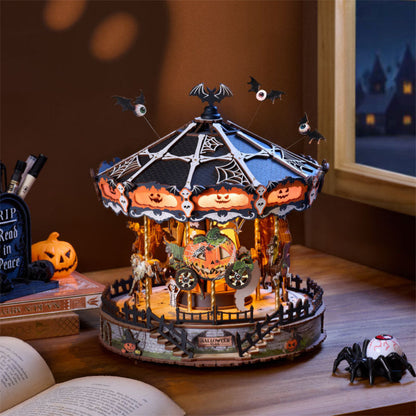 Wooden-Town Phantom Waltz Halloween Carousel DIY Music Box with LED Light – 402 Pieces