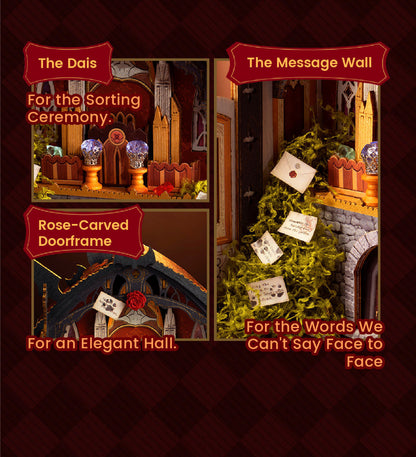 A collage-style product graphic showing details of a gothic-themed holiday display or haunted house attraction. The panels are labeled 'The Dais', 'The Message Wall', 'Rose-Carved Doorframe', and 'For the Words We Can't Say Face to Face' with red banners and text on a dark burgundy patterned background.