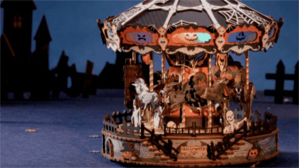 Wooden-Town Phantom Waltz Halloween Carousel DIY Music Box with LED Light – 402 Pieces