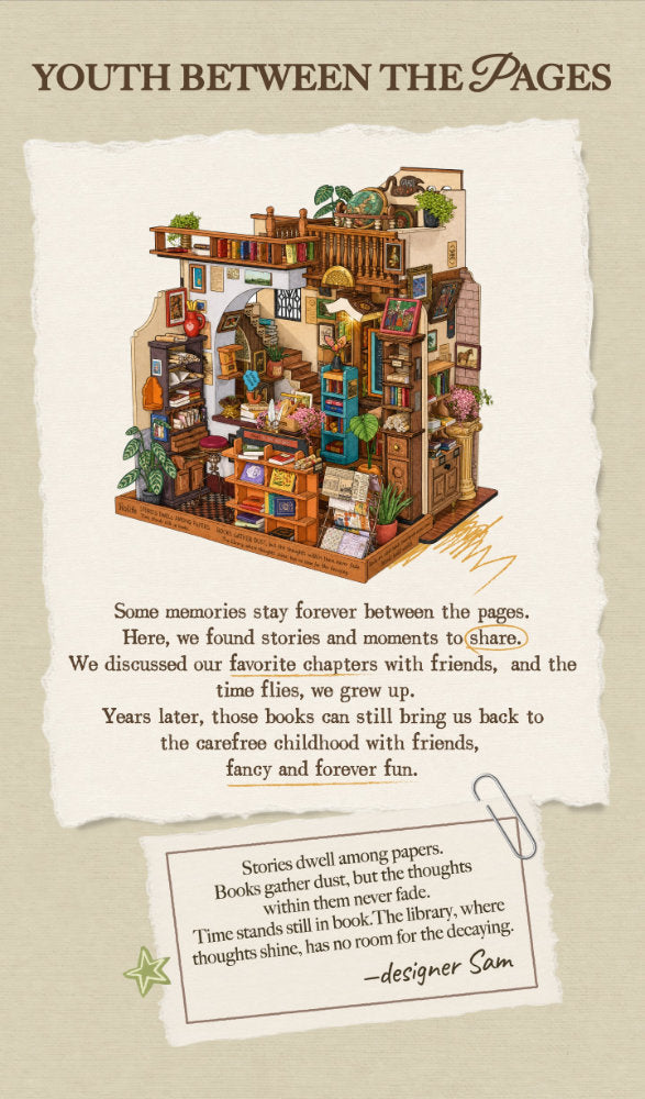A decorative poster-style graphic with the title 'YOUTH BETWEEN THE PAGES' at the top, a small illustrated bookshelf/diary interior in the center, a quote in the lower middle, and a torn-note style box at the bottom reading '—designer Sam'. This is not a clean product photo of a physical item, and it is not a measurement chart, color swatch, instruction diagram, scenery, or placeholder.