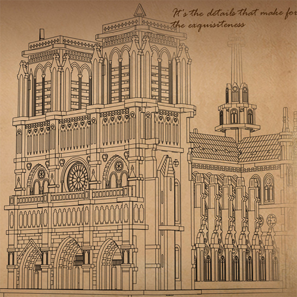 Detailed architectural drawing of a cathedral on a brown background with text.