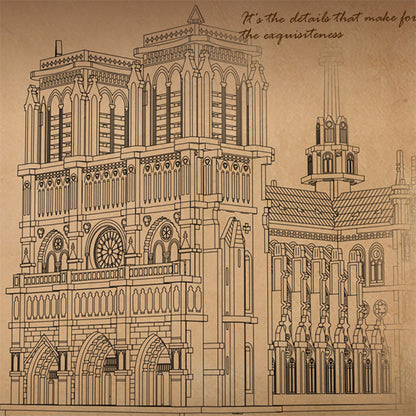 Detailed architectural drawing of a cathedral on a brown background with text.