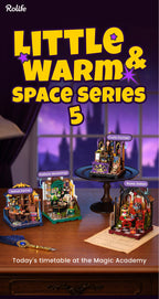 Promotional graphic for Rolife Little Warm & Space Series 5, showing four miniature wizard-themed building sets arranged on a wooden table against a purple window backdrop. Large yellow title text appears at the top, and product labels are visible on each set.