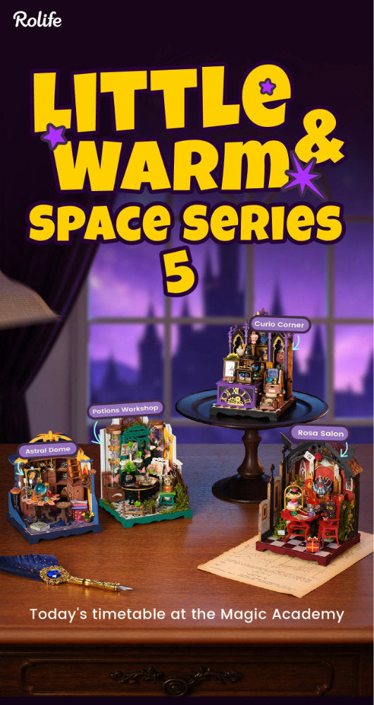 Promotional graphic for Rolife Little Warm & Space Series 5, showing four miniature wizard-themed building sets arranged on a wooden table against a purple window backdrop. Large yellow title text appears at the top, and product labels are visible on each set.