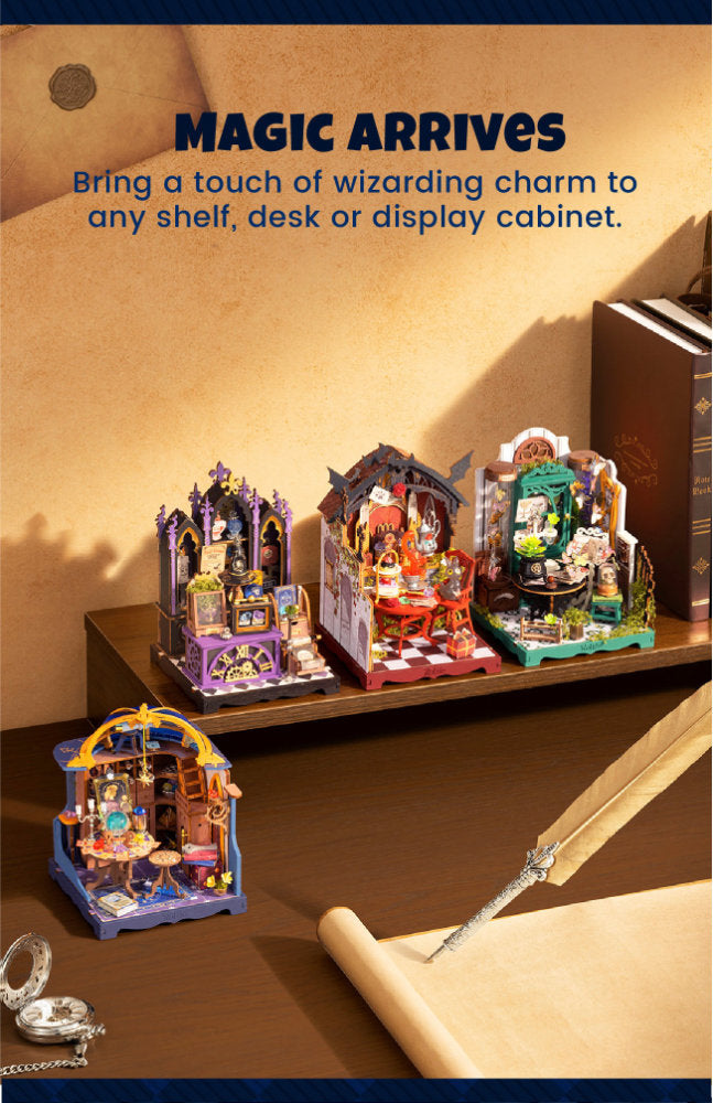Four miniature wizarding castle-shaped building sets displayed on a wooden shelf in a styled room scene, with a smaller set in the foreground and a quill and parchment on a desk. Text at the top reads 'MAGIC ARRIVES Bring a touch of wizarding charm to any shelf, desk or display cabinet.