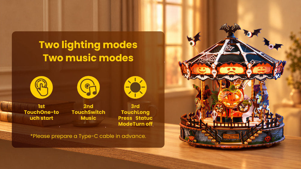 Wooden-Town Phantom Waltz Halloween Carousel DIY Music Box with LED Light – 402 Pieces