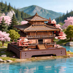 Model of a traditional Japanese pagoda with cherry blossom trees and mountains in the background