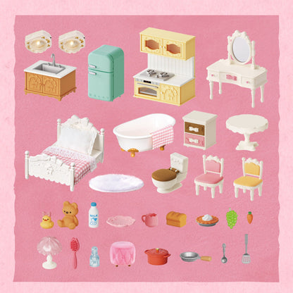 A collection of miniature dollhouse-style furniture and home accessories arranged on a pink background, including a bathroom vanity, retro refrigerator, stove, dressing table, bed, bathtub, toilet, chairs, table, pots, utensils, and small food and toy items.