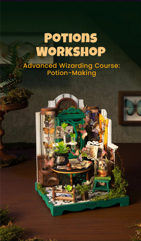 A miniature wizarding potions workshop kit displayed on a wooden surface, featuring a detailed green and white alchemy lab with tiny plants, bottles, and magical props. Text overlay at the top reads 'POTIONS WORKSHOP Advanced Wizarding Course: Potion-Making'.