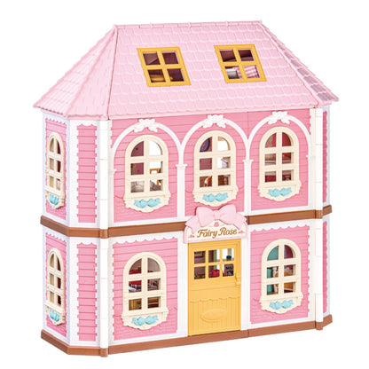 A pink dollhouse-style house with white trim, brown accents, yellow windows, and a front door labeled 'Fairy Rose,' shown on a plain white background.
