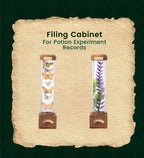 A parchment-style product graphic on a dark green background showing a 'Filing Cabinet For Potion Experiment Records.' Two illustrated specimen cylinders are pictured: one with butterflies and one with a purple plant, each mounted in a wooden cabinet.