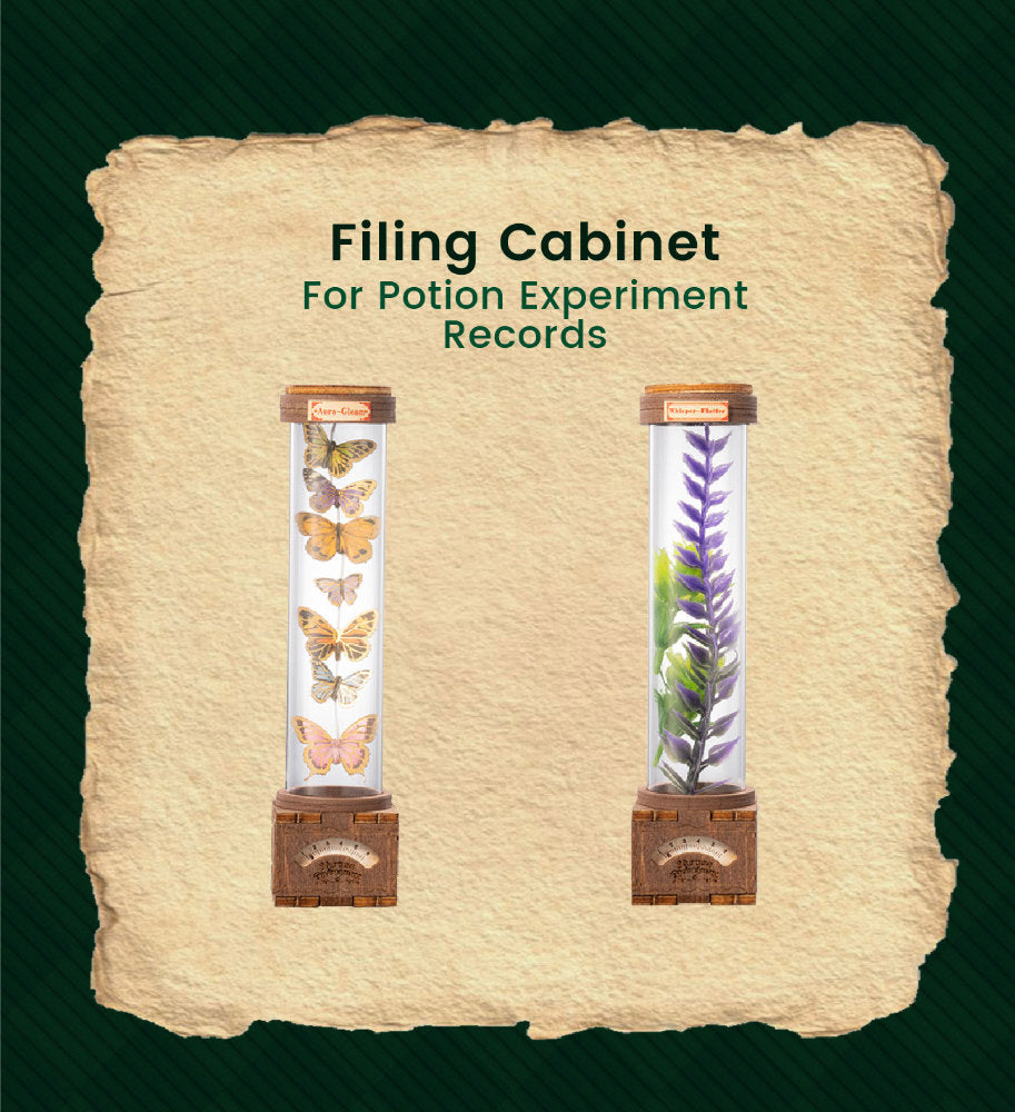 A parchment-style product graphic on a dark green background showing a 'Filing Cabinet For Potion Experiment Records.' Two illustrated specimen cylinders are pictured: one with butterflies and one with a purple plant, each mounted in a wooden cabinet.