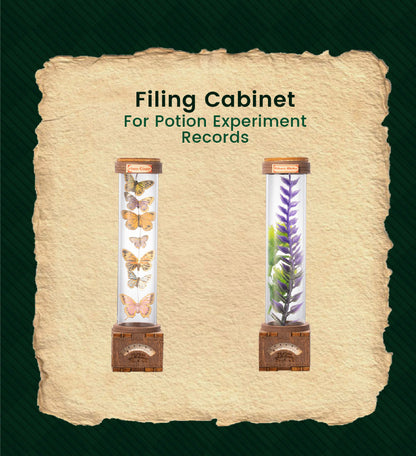 A parchment-style product graphic on a dark green background showing a 'Filing Cabinet For Potion Experiment Records.' Two illustrated specimen cylinders are pictured: one with butterflies and one with a purple plant, each mounted in a wooden cabinet.
