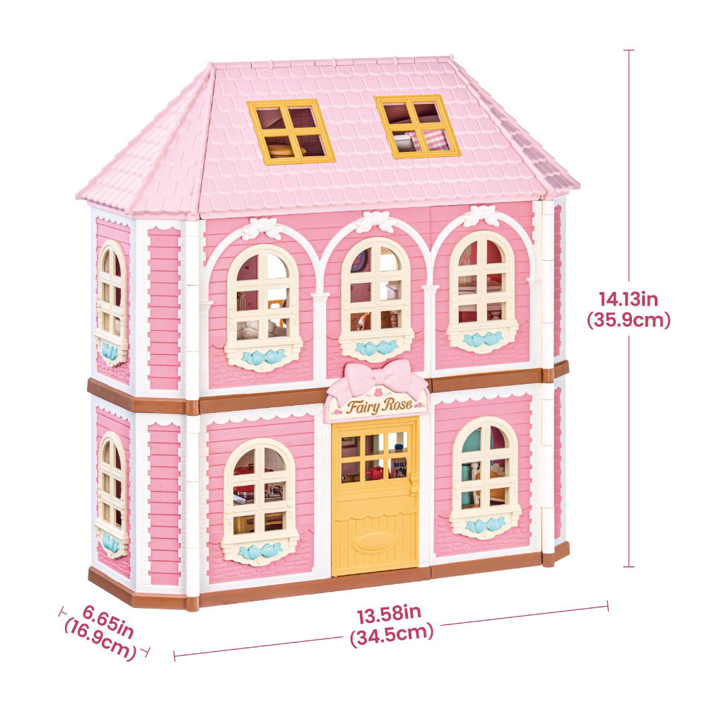 Pink dollhouse-style house with dimension annotations showing width, height, and depth measurements on a white background.