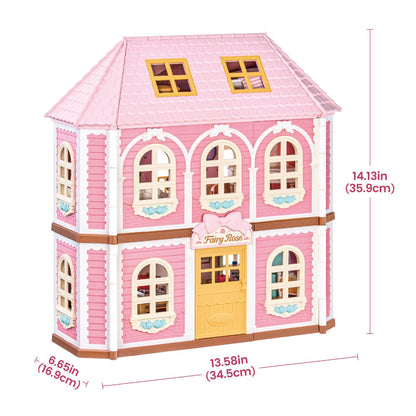 Pink dollhouse-style house with dimension annotations showing width, height, and depth measurements on a white background.