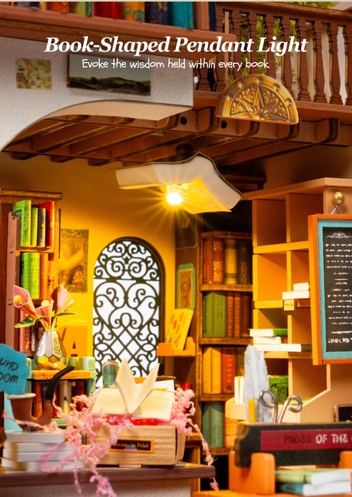 A warm, cozy book-themed room scene with shelves of books, a glowing pendant light shaped like a book, and overlaid text reading 'Book-Shaped Pendant Light' and 'Evokes the wisdom held within every book.' The product appears to be the pendant light, but the image is presented in a styled interior environment rather than a clean studio shot.