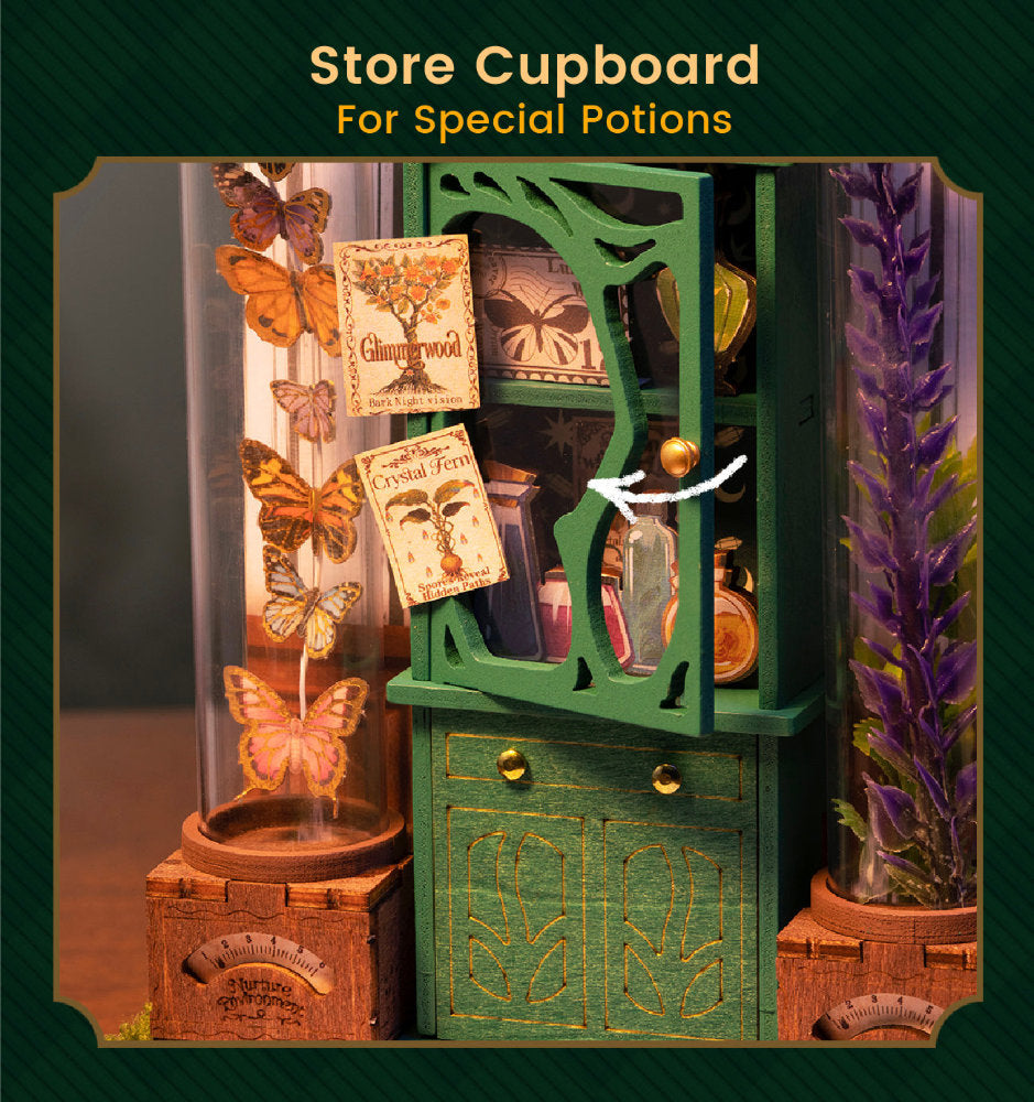 A decorative green fantasy store cupboard with an open door, shown with themed props including butterfly specimens in glass domes, potion bottles, cards, and purple flowers. Text at the top reads 'Store Cupboard For Special Potions.