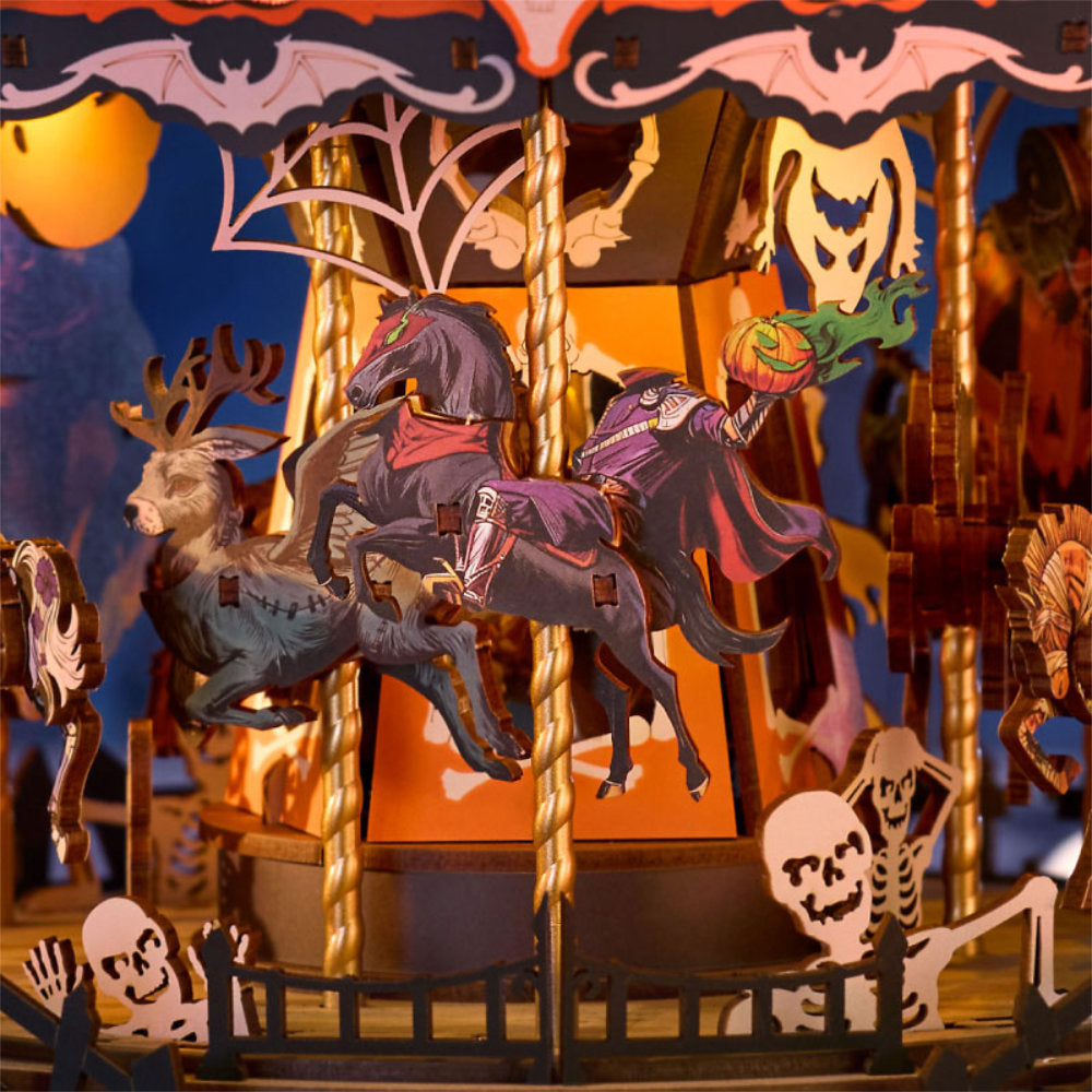 Wooden-Town Phantom Waltz Halloween Carousel DIY Music Box with LED Light – 402 Pieces