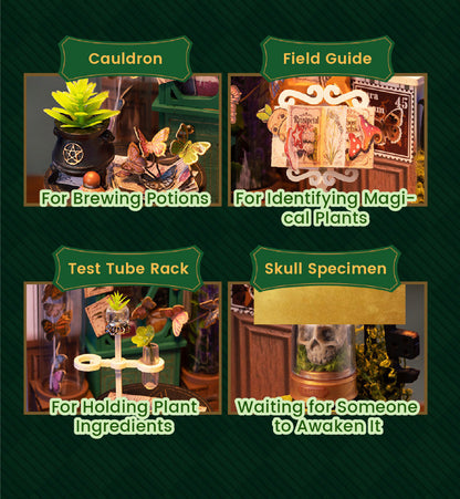 A 2x2 collage on a dark green background showing four themed product tiles: a Cauldron for Brewing Potions, a Field Guide for Identifying Magical Plants, a Test Tube Rack for Holding Ingredients, and a Skull Specimen labeled 'Waiting for Someone to Awaken It'. Each tile includes a small product photo and descriptive text.