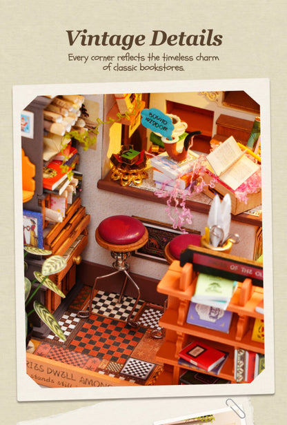 A miniature bookshop dollhouse or diorama with tiny bookshelves, books, a red stool, and a checkered floor, presented on a beige background with the text 'Vintage Details'.