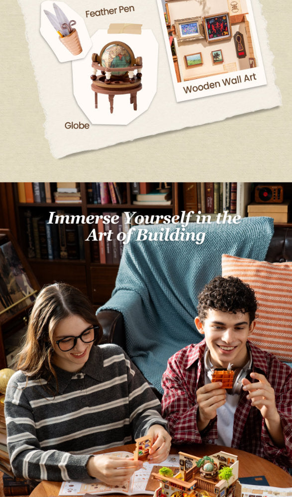 A collage-style promotional image for a building toy set. The top shows illustrated cards with labeled components: a feather pen, globe, and wooden wall art.