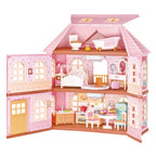 A pink dollhouse-style house playset with multiple rooms, including a bedroom, kitchen, bathroom, and play area, shown on a plain white background.