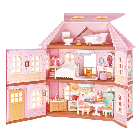 A pink dollhouse-style house playset with multiple rooms, including a bedroom, kitchen, bathroom, and play area, shown on a plain white background.