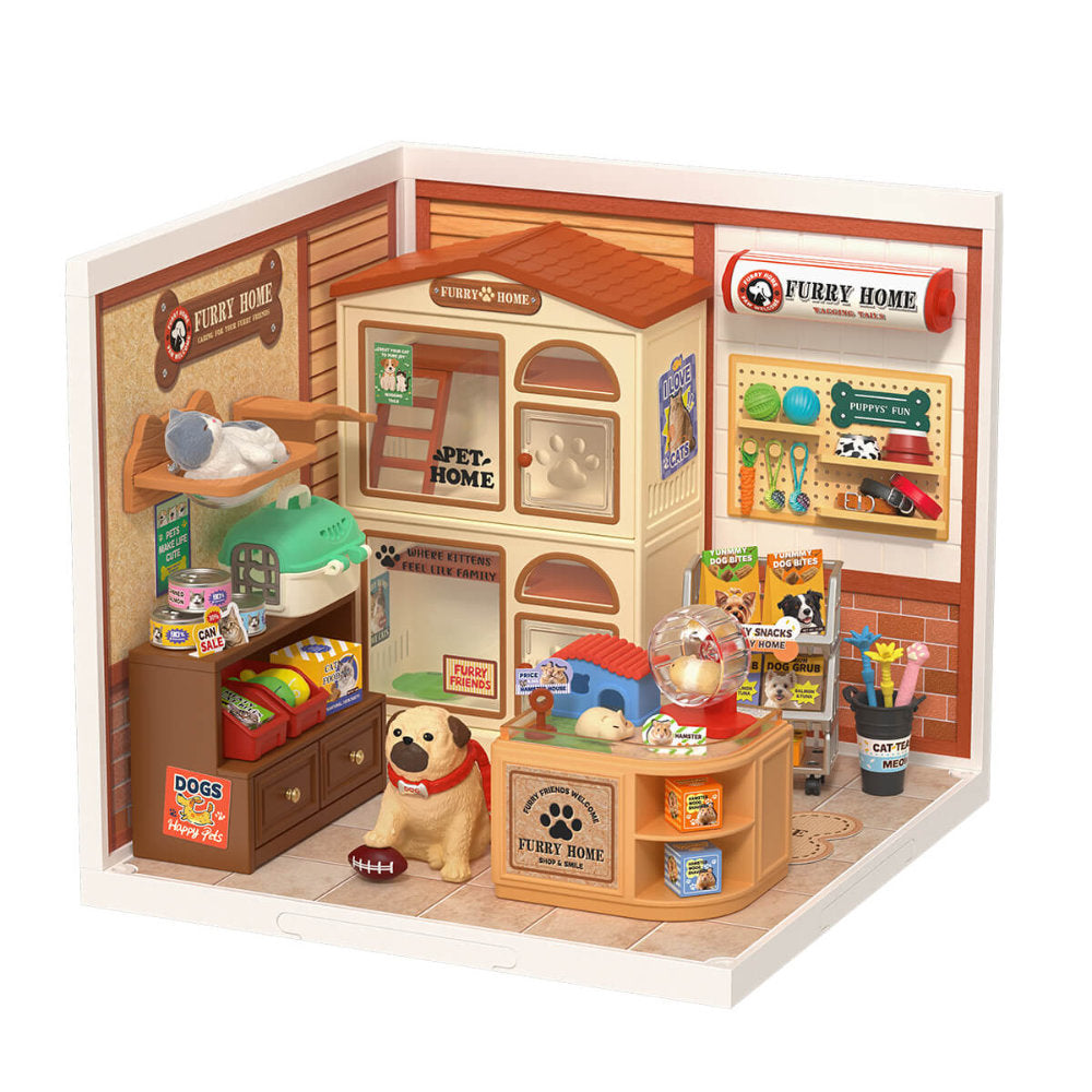 Wooden-Town - Furry Friends’ Home Miniature Dollhouse Kit with LED Light